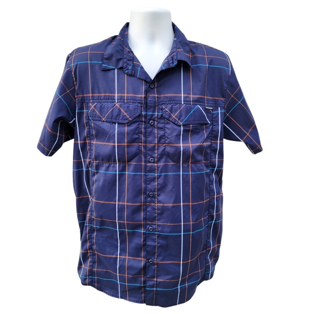 Columbia Omni-Shade Plaid Fishing Shirt Mens Medium Blue Short Sleeve Vent